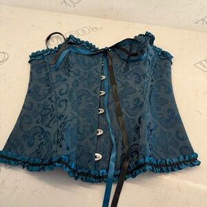 Teal Brocade Corset Top with Black Ribbon Velvety Size L  Whimsigoth Victorian